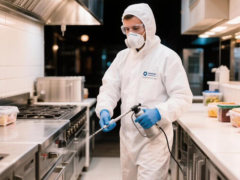 Профессиональная дератизация в ресторане: специалист проводит обработку кухни ночью